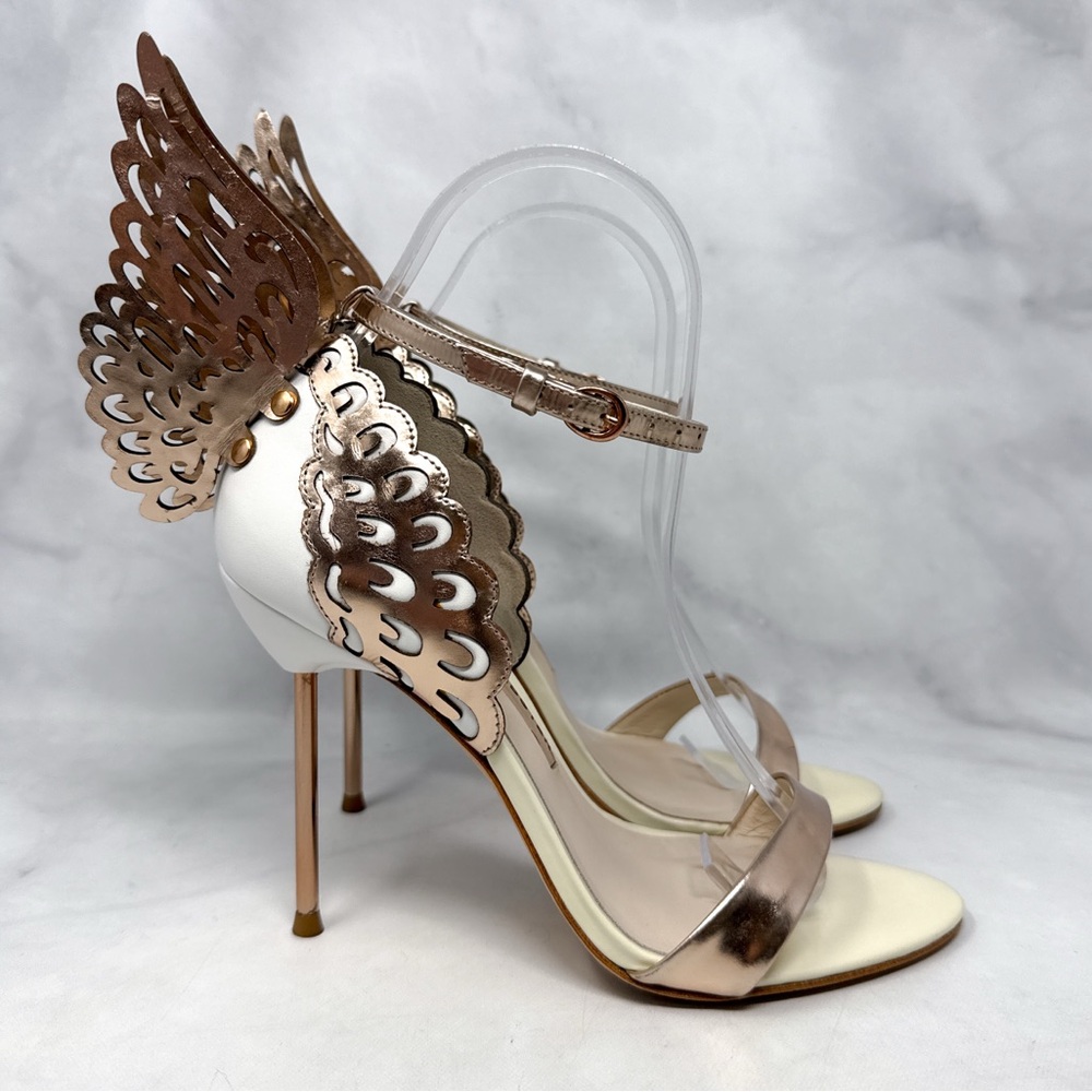 Sophia Webster Evangeline Butterfly Angel Wing Rose Gold Leather Sandal Heels 37